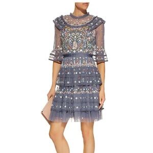 Blue Paradise Floral Embroidered Tulle Mini Dress